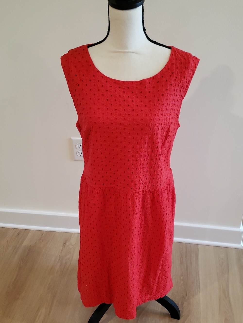 Deep Coral Cotton Eyelet Sleeveless Dress Perfect for Fall